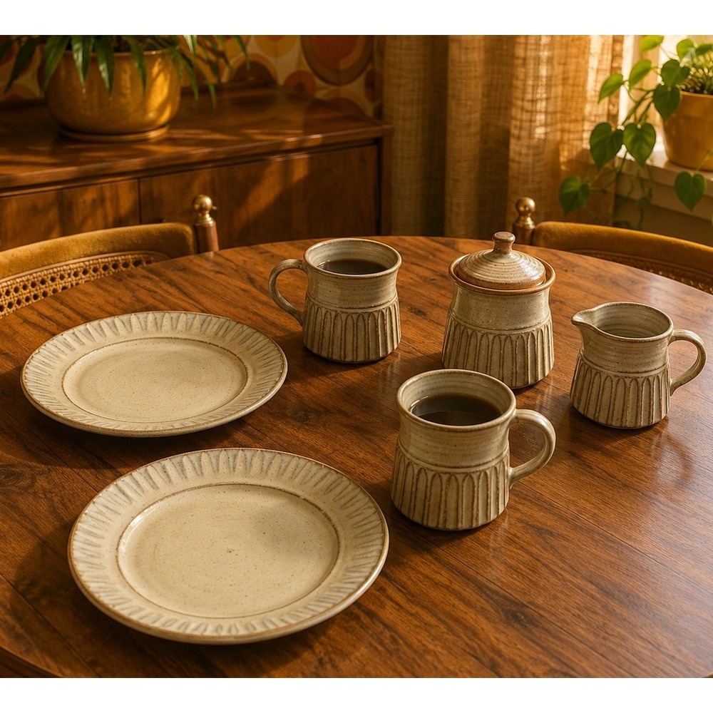 Studio Pottery Stoneware‎ Tea Set 6pc Mugs Plates Creamer Sugar Signed DE Beige